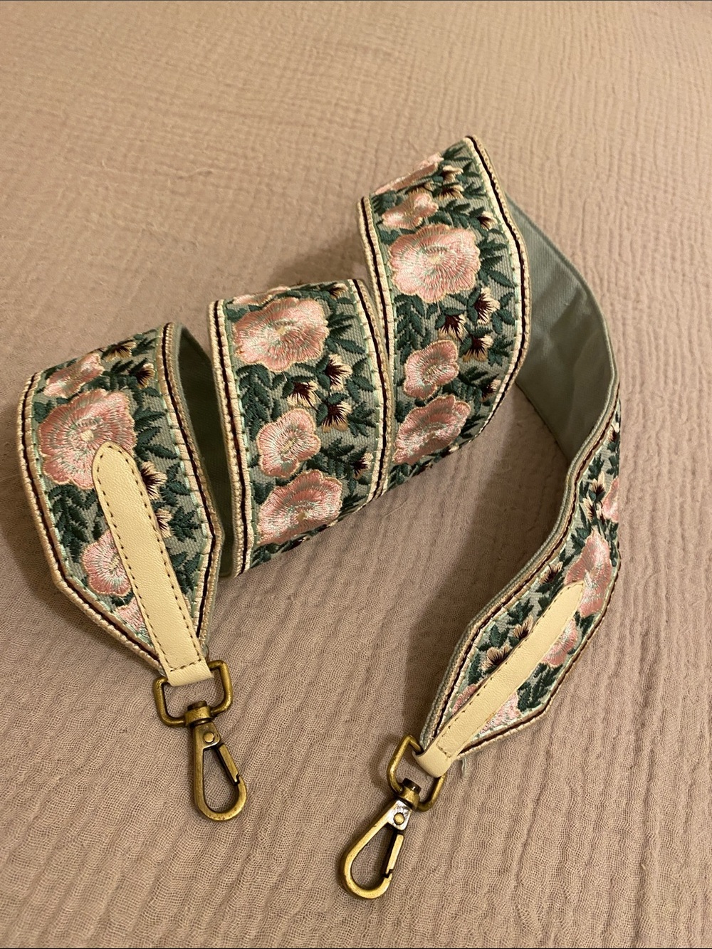 Anthropologie Floral Embroidered Strap Bag  in Green and Pink with Gold Hardware